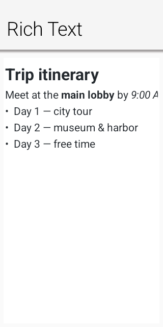RichTextArea with formatted itinerary content